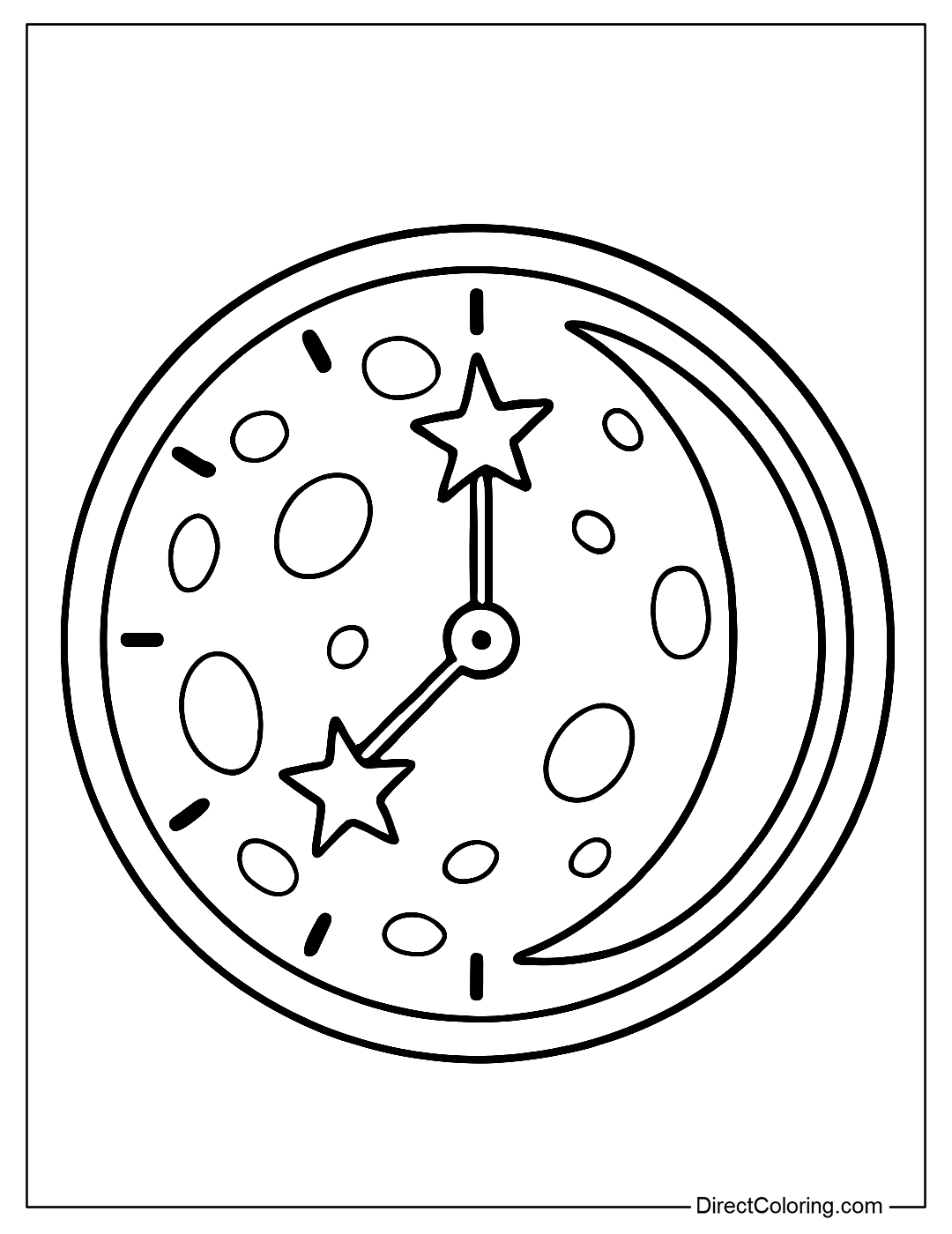 The moon coloring page is like a classic clock with the hour hand made of stars